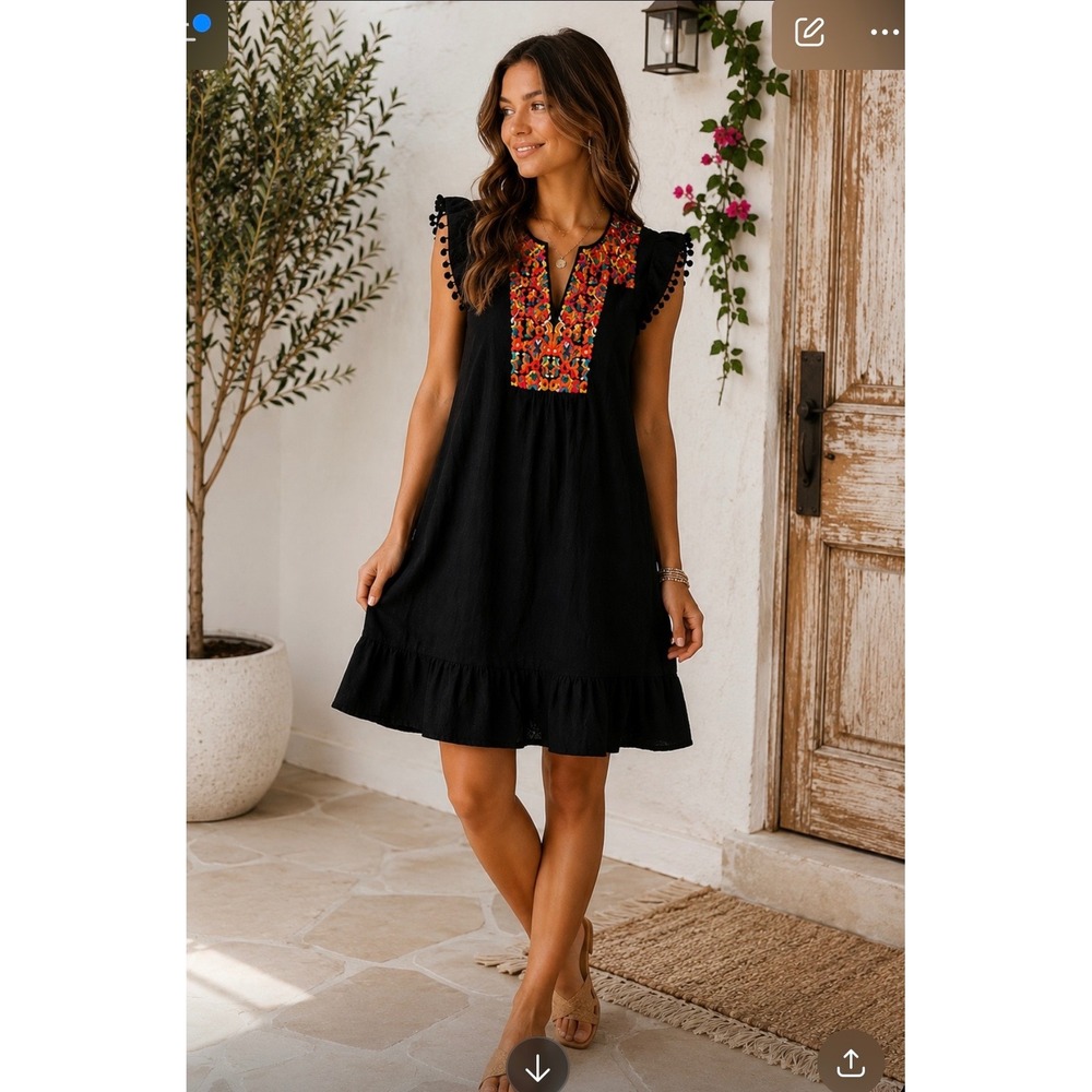THML Black Embroidered Pom Pom Trim Flutter Sleeve Mini Dress XS Boho Ruffle